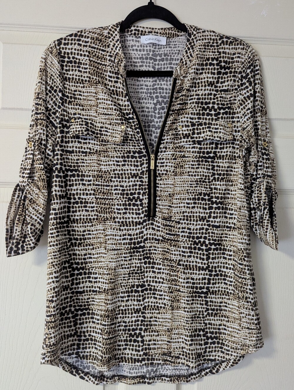 Calvin Klein Blouse Quarter Zip Animal Cheetah Print Top Neutral Work Office
